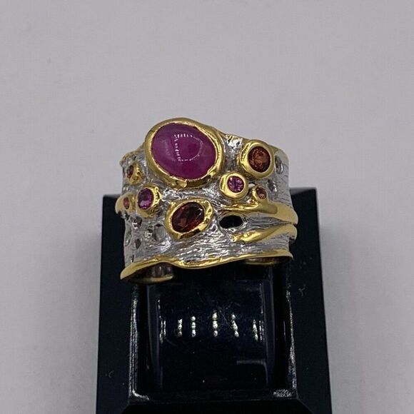 Ring, NWOT, solid 925 sterling silver, 22 K gold, orange sapphires and rubies, - Picture 5 of 15